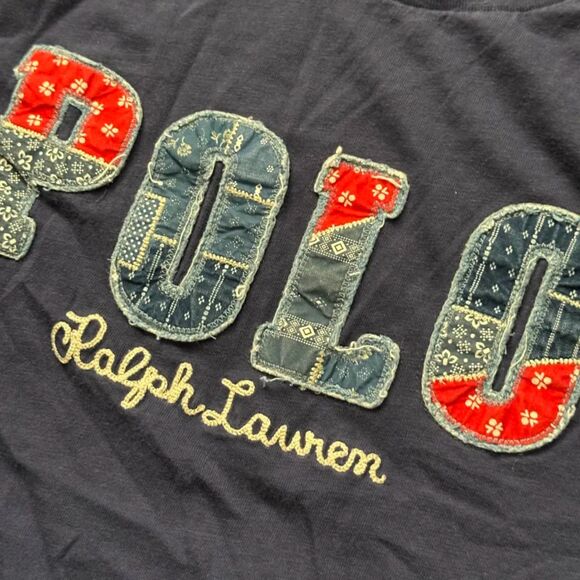 Polo Ralph Lauren Chain Stitched Denim Patchwork Spellout T Shirt Size L - Picture 4 of 5